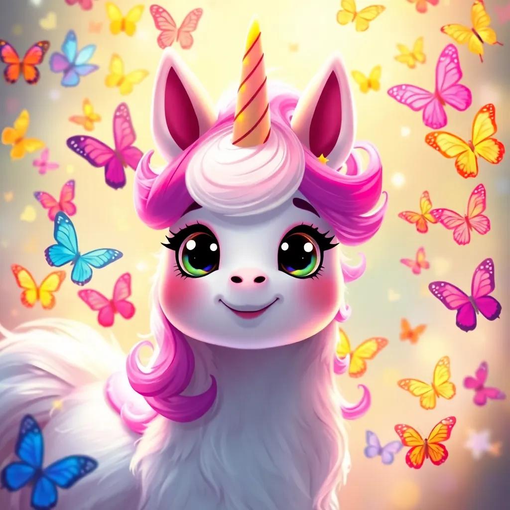 Lola the Llamacorn surrounded by colorful butterflies fluttering in the air, her enchanted magic spreading happiness everywhere, bright and cheerful scene, digital painting, lively ambiance, joyful energy