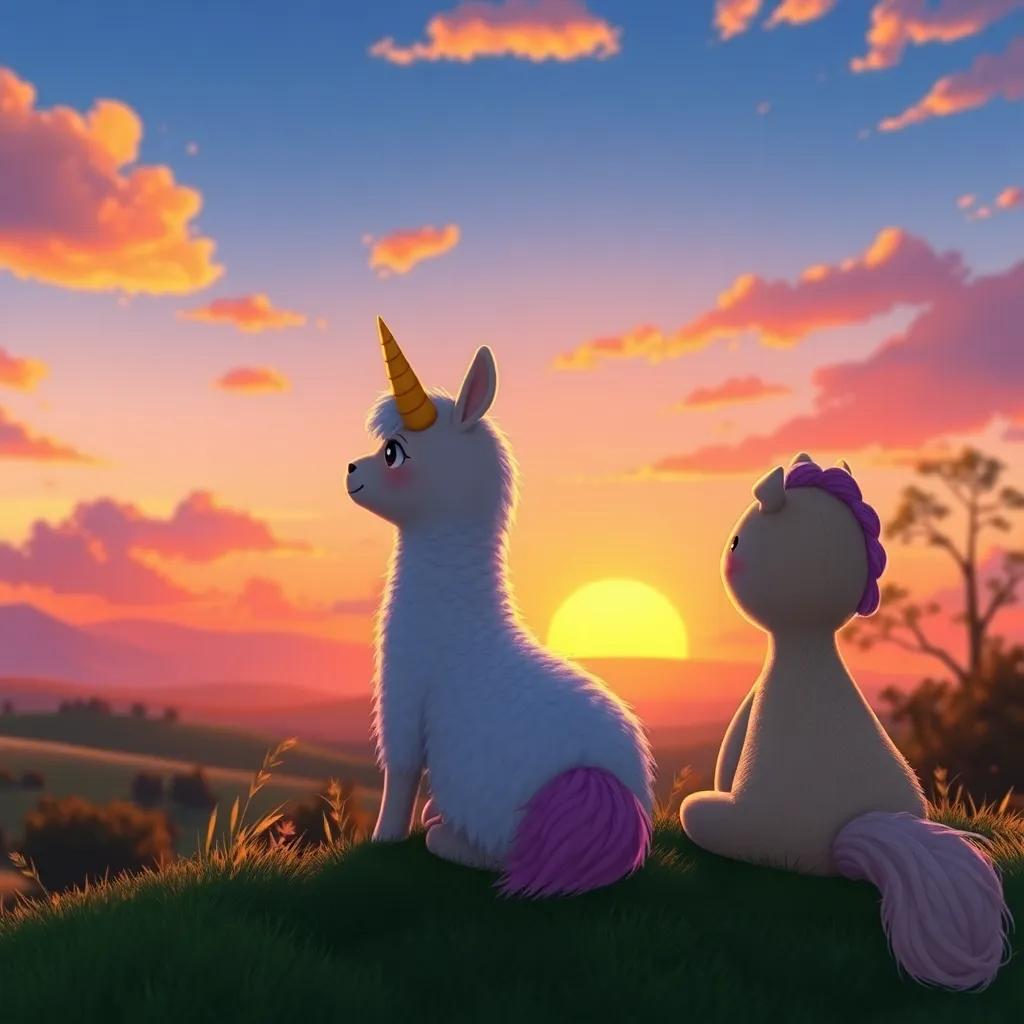 Lola the Llamacorn and Benny watching a beautiful sunset, heading home after a day of adventure, their hearts filled with joy and friendship, warm colors, peaceful atmosphere, heartwarming scene