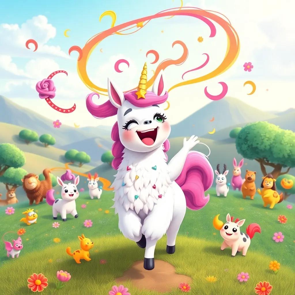 Lola the Llamacorn joyfully spreading laughter and magic through the land, colorful swirls in the air, numerous happy animals joining the fun, whimsical, vibrant colors, enchanting landscape