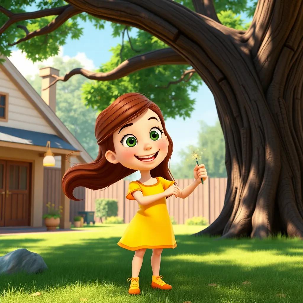 Lola, a cheerful girl with long brown hair, wearing a bright yellow dress, smiling with excitement as she holds a magic sparkle wand under a big tree in her backyard, sunny day, colorful, adventurous atmosphere, high quality