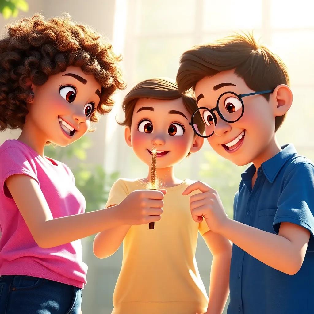 Lola, Mia with curly brown hair and a pink t-shirt, and Sam with glasses and a blue shirt, excitedly gathering around Lola as she shows them the magic wand, bright sunlight, curious expressions, cheerful, engaging scene, high quality