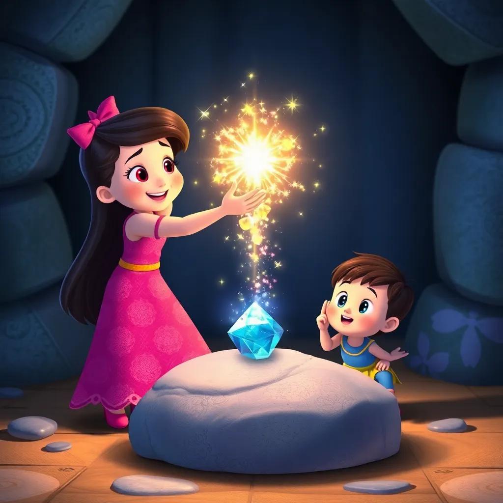 Lola waving the wand over a plain stone that suddenly sparkles and transforms into a gem, with Mia and Sam gasping in amazement, whimsical atmosphere, vibrant colors, magical moment, high quality