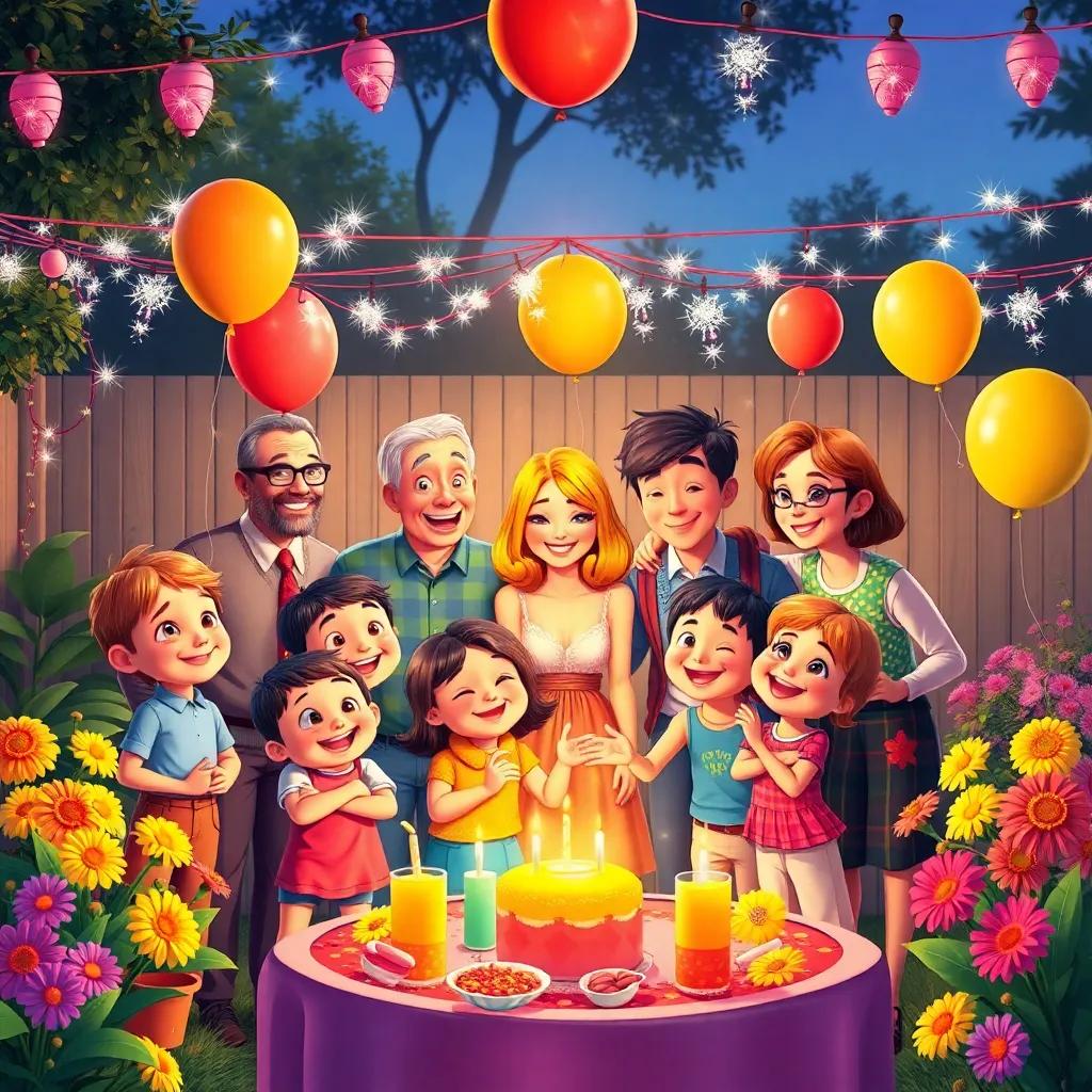 A vibrant Friendship Festival with kids and adults celebrating together in the backyard, featuring sparkling decorations and happy faces, colorful balloons and bright flowers, festive atmosphere, high quality