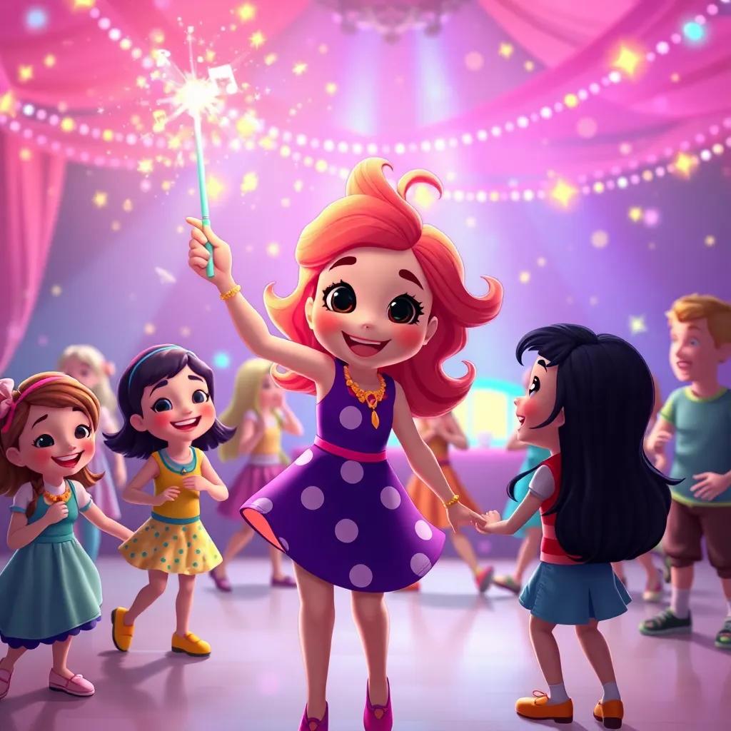 Lola waving her wand to create a magical atmosphere with lights and music as friends dance and play games, smiling faces and laughter, magical and joyful moment, bright colors, high quality
