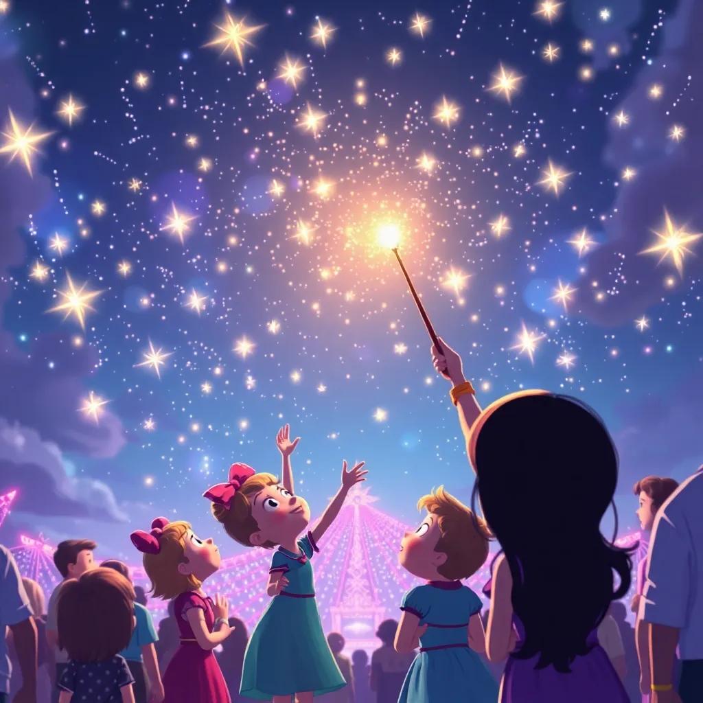 The grand finale of the Friendship Festival with Lola waving her wand and sparkling lights filling the sky like shooting stars, friends gasping in awe, magical and beautiful sky, high quality