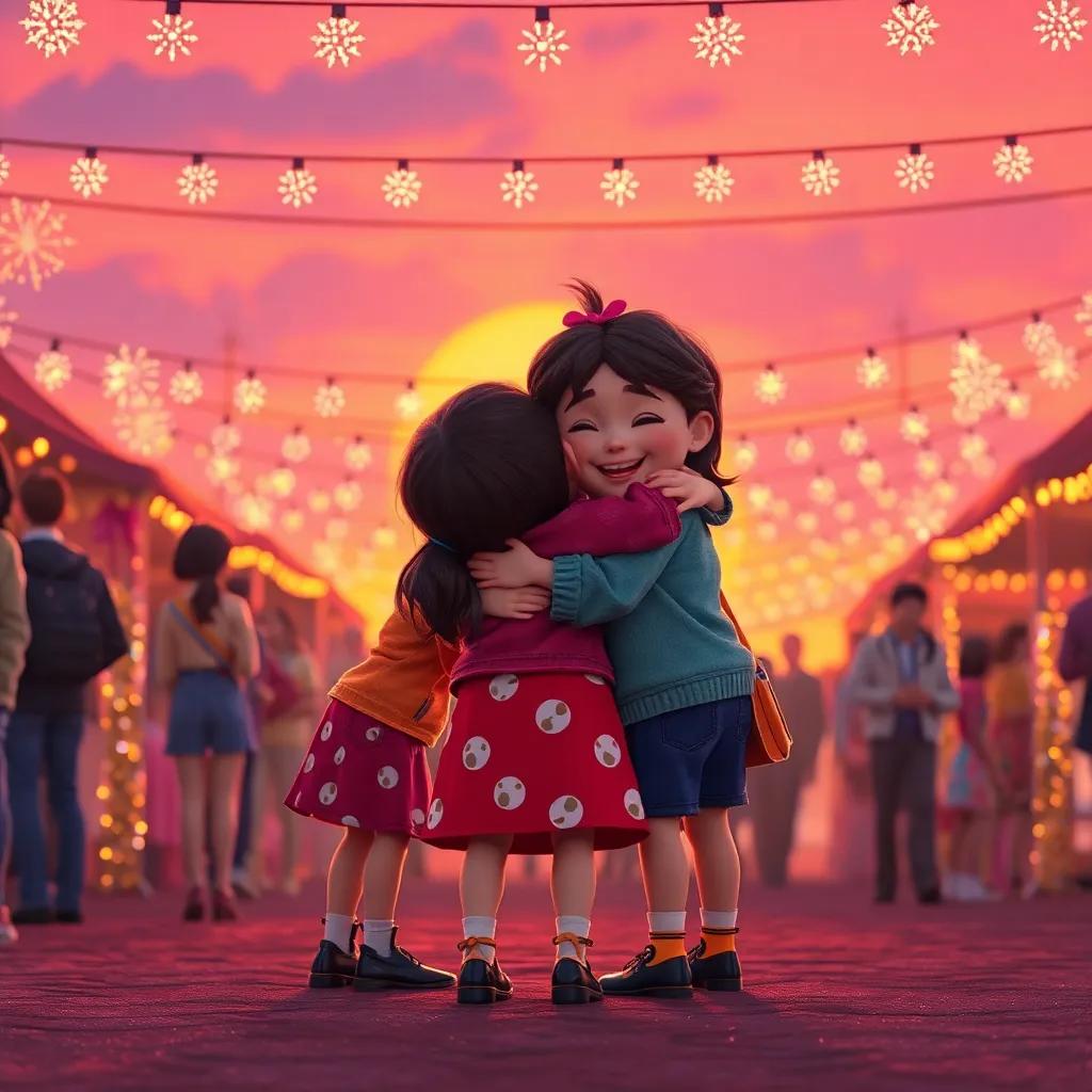 Lola and her friends hugging each other at the end of the festival, surrounded by sparkling decorations, with a sunset in the background conveying warmth and love, heartwarming atmosphere, high quality