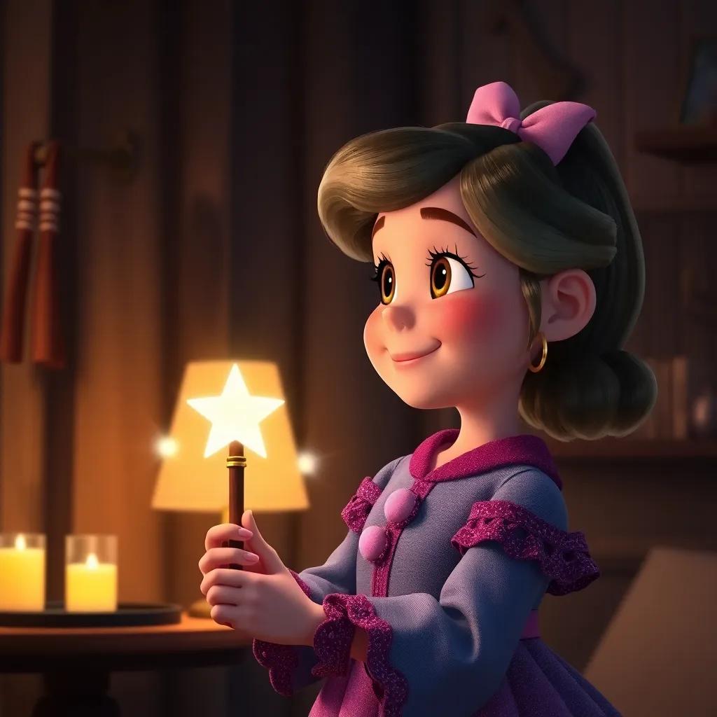 Lola looking at her magic wand with a smile, reflecting on the memories created with her friends, cozy atmosphere in the dim light of the evening, heartwarming, high quality