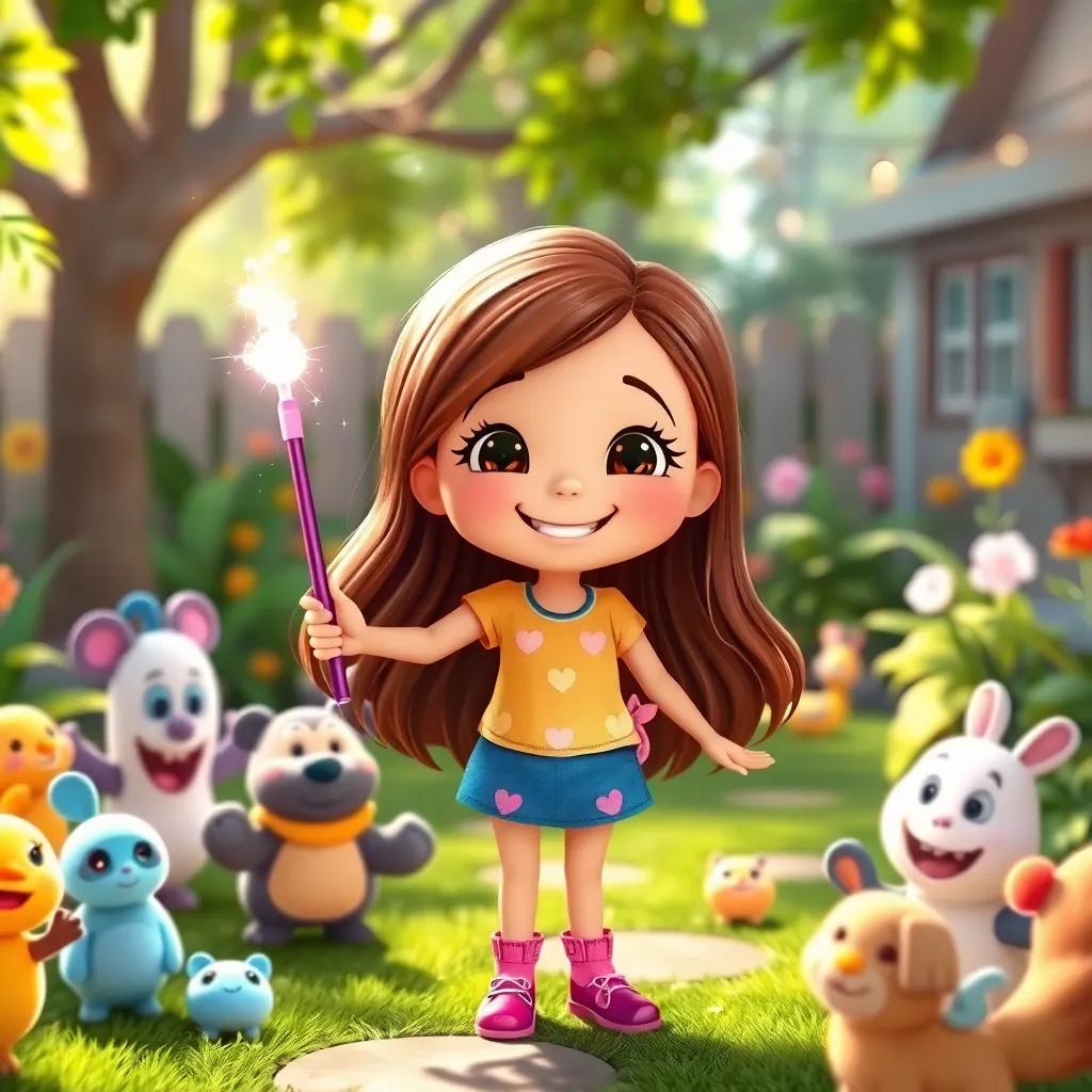 Lola, a cheerful girl with long brown hair holding her magic wand, standing happily in the backyard filled with joyful friends, bright and cheerful vibe, magical and inviting, high quality