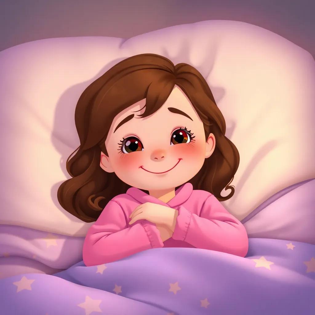 A cheerful girl named Lola, with wavy brown hair, wearing pink pajamas, snuggled in her cozy bed with stars on the blanket, peaceful atmosphere, warm light, soft colors, whimsical, high-quality