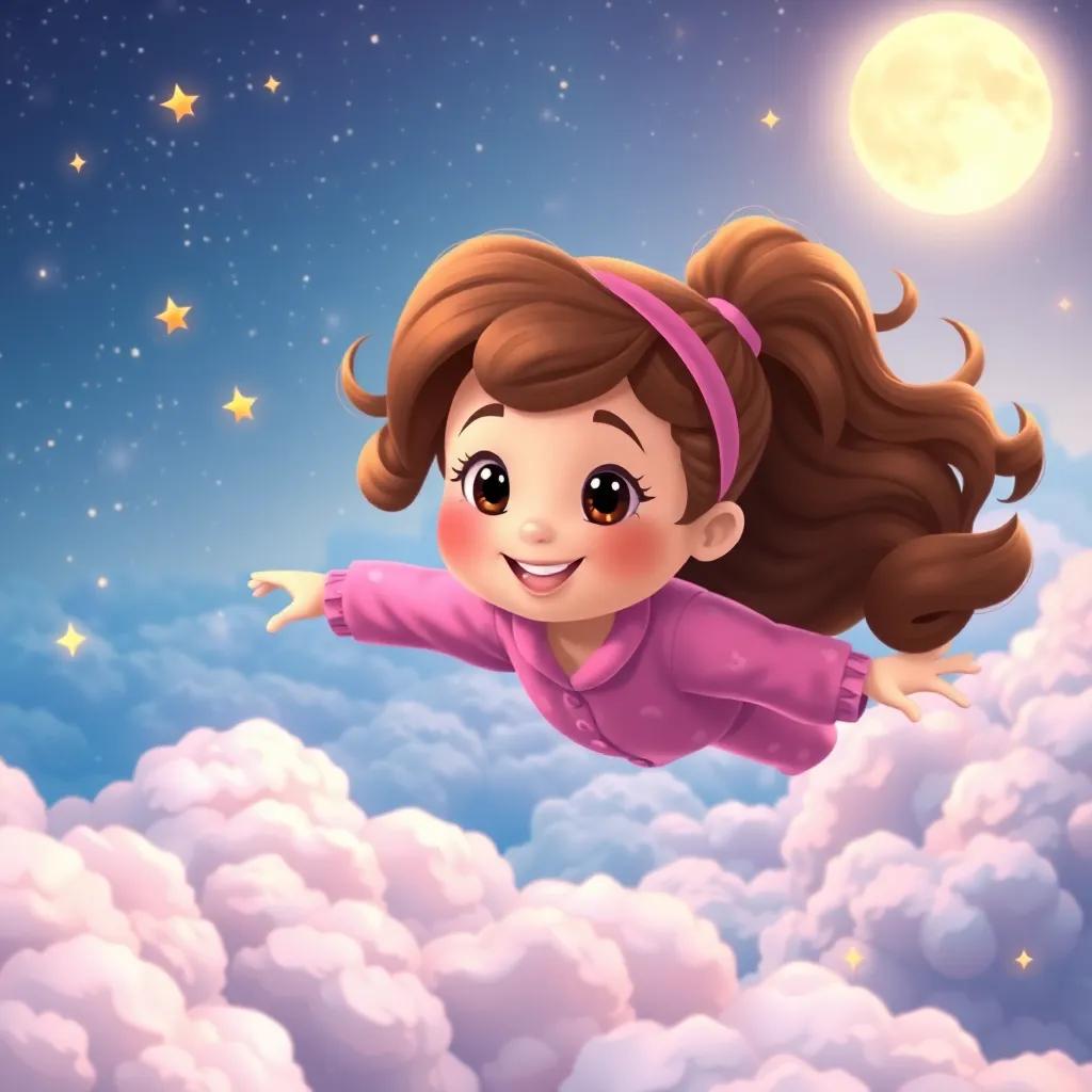 Lola, a cheerful girl with wavy brown hair in pink pajamas, flying in a magical land above fluffy clouds, surrounded by twinkling stars and a bright moon, vibrant colors, dreamy, enchanting, high-quality