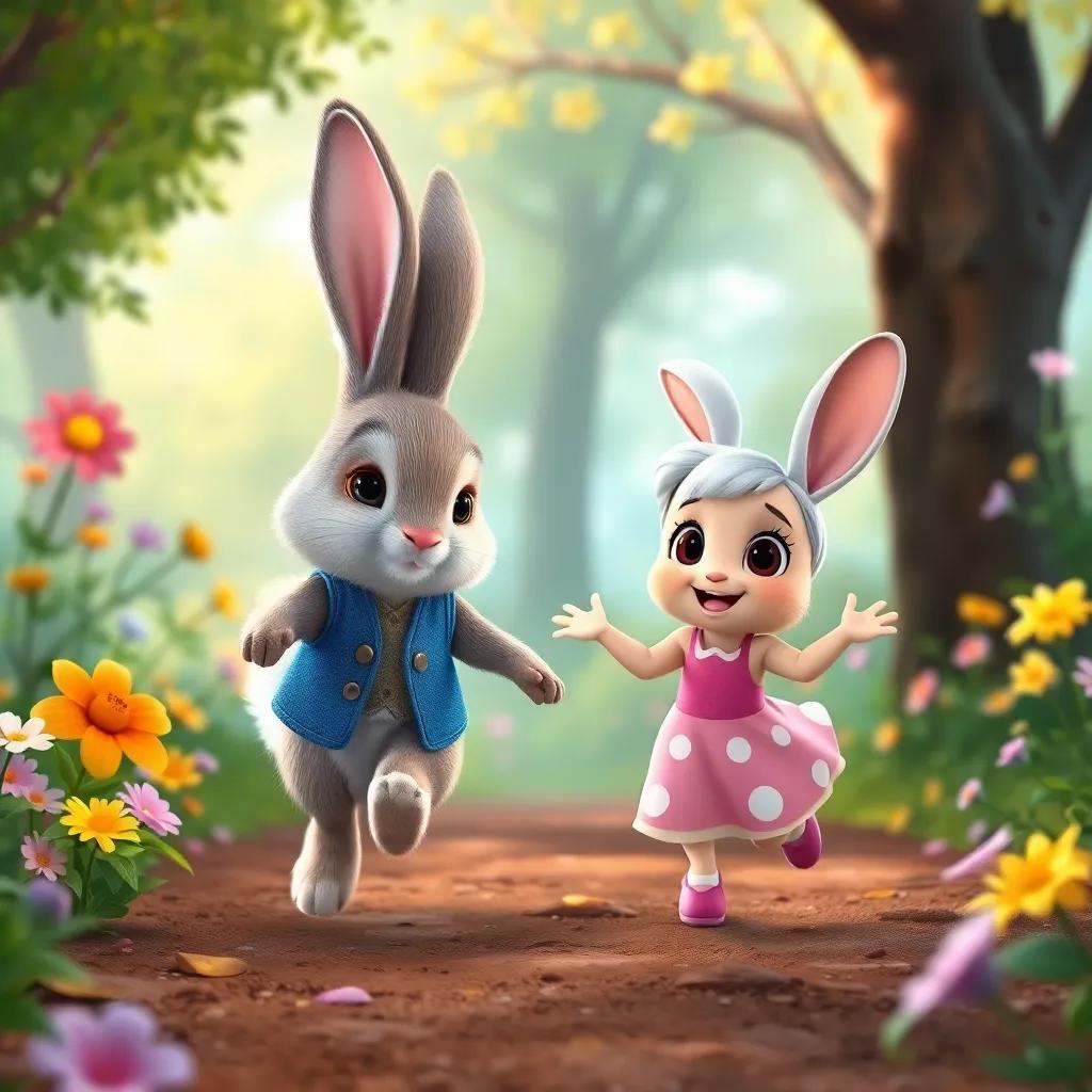 Lola meeting a talking rabbit with fluffy ears and a blue vest, hopping joyfully in a colorful forest with flowers and magical creatures around, lively atmosphere, bright colors, cheerful, high-quality