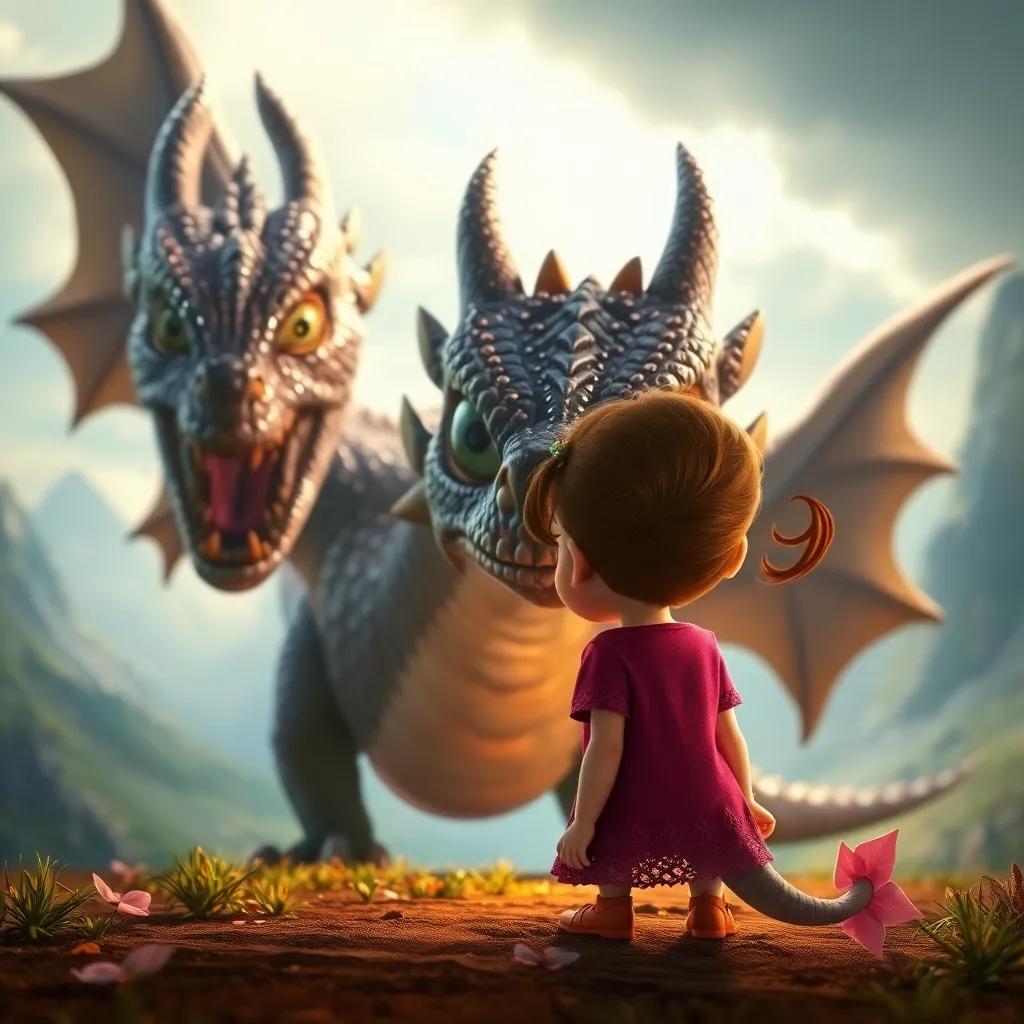 Lola facing a fierce dragon with shimmering scales and huge eyes in a magical landscape, feeling brave and determined, warm light, rich colors, storytelling view, high-quality