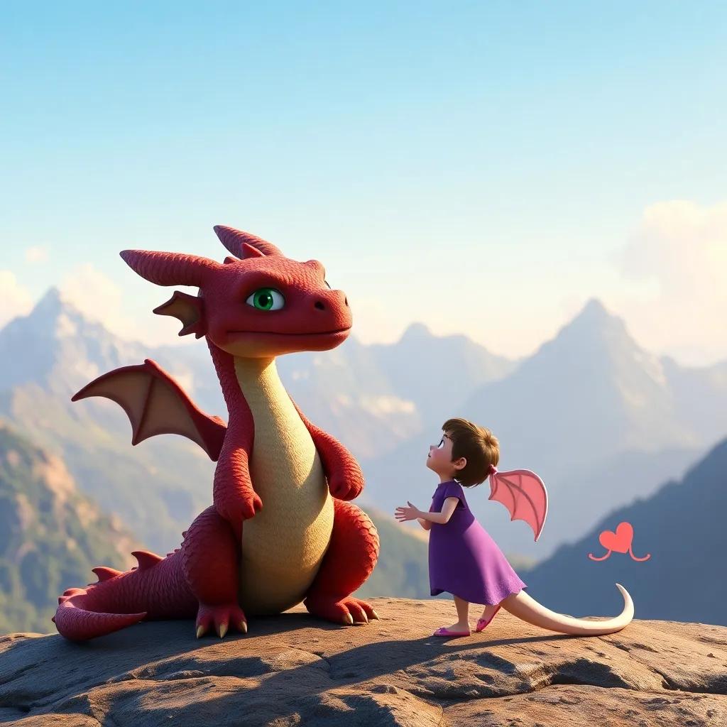 The dragon teaching Lola about courage, with a backdrop of beautiful mountains and a clear sky, showcasing both of them in a heartwarming interaction, soft light, inspiring colors, high-quality