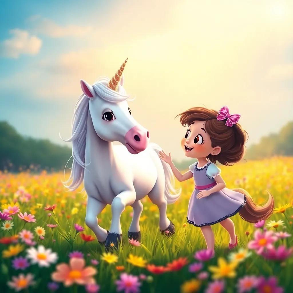 Lola meeting a kind unicorn with a sparkling horn and a silky mane, galloping through a field of flowers, filled with joy and friendship, vibrant colors, cheerful, magical atmosphere, high-quality