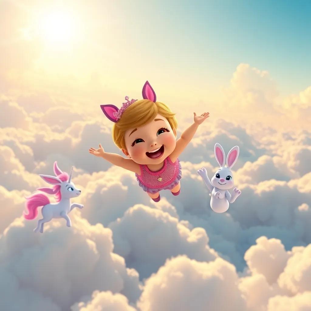 Lola flying above the clouds with her unicorn and rabbit friends, laughing and playing in the warm sunlight, the sky bright and happy, colorful scenery, joyful, high-quality