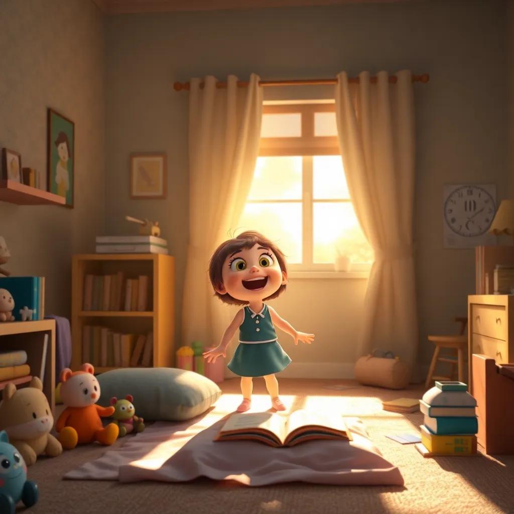 Lola waking up in her room with sunlight streaming in, full of happiness and determination, surrounded by her toys and books, warm light, inviting atmosphere, high-quality