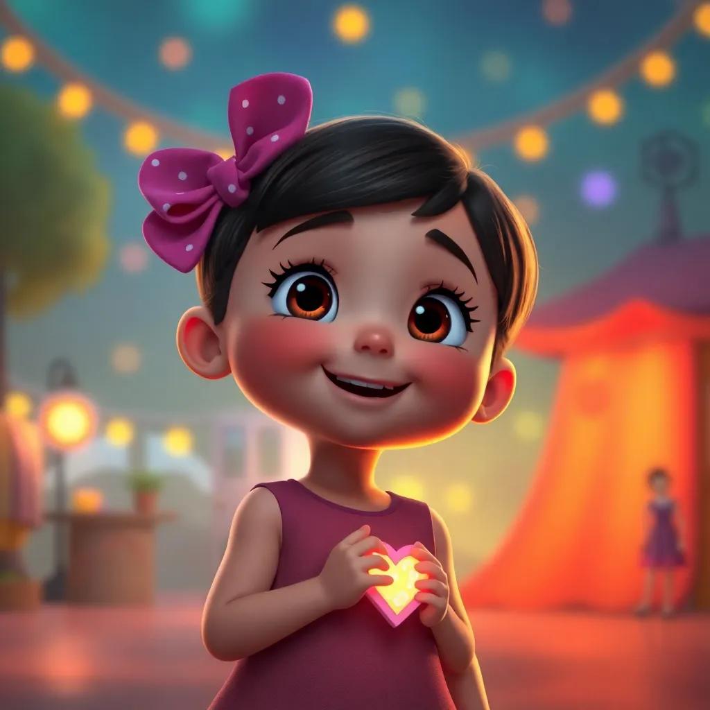 Lola facing challenges like trying new things and making friends, with her heart glowing with courage, colorful and inspiring backdrop, warm light, heartwarming, high-quality