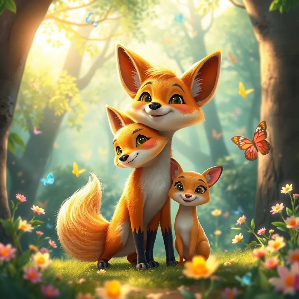 A brave fox, Zizo, with shimmering golden fur, standing next to Loly in a sunlit forest, surrounded by colorful butterflies and glowing flowers, playful and curious, enchanting and inviting scenery, detailed illustration, high quality