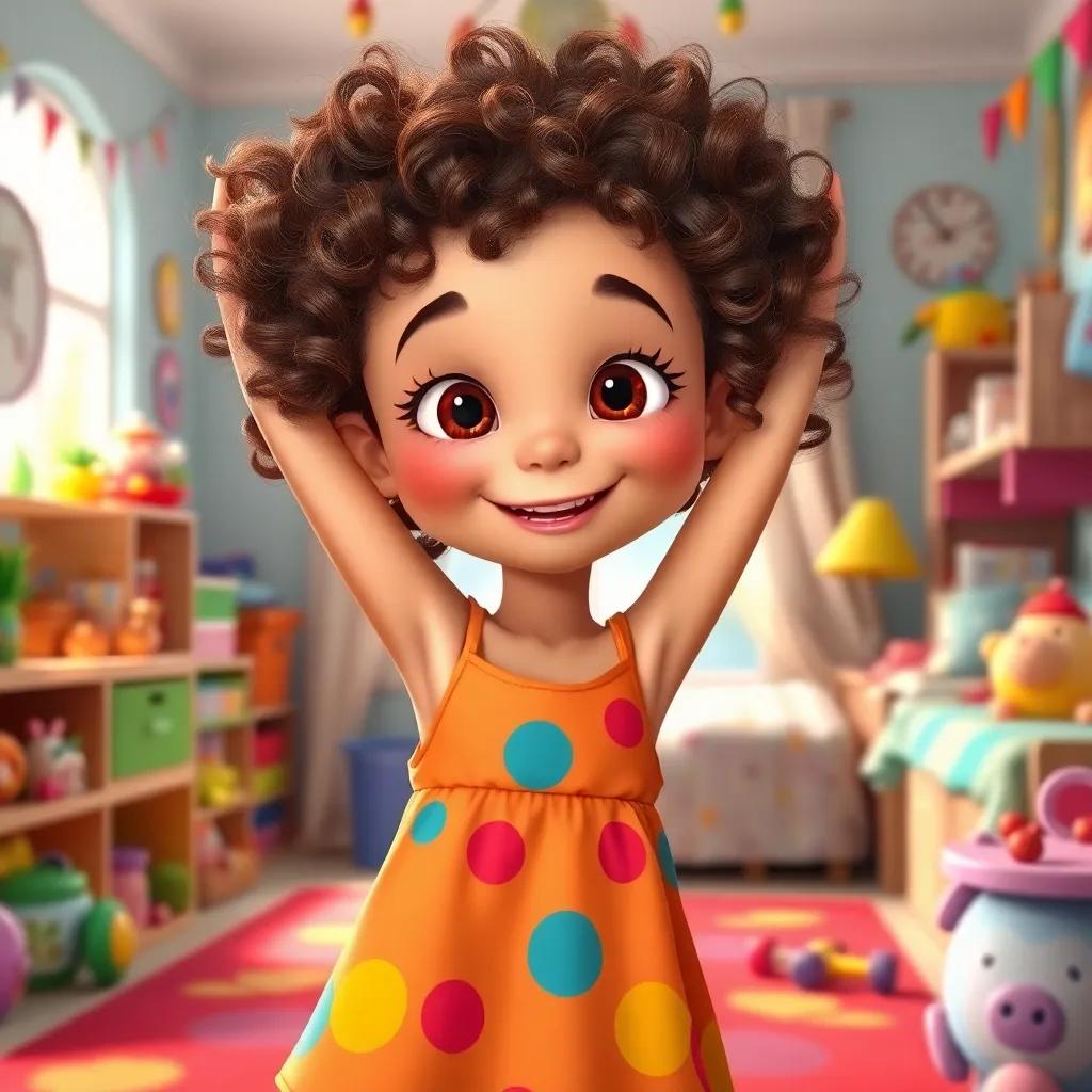 A young girl, Loly, with curly brown hair wearing a bright dress, smiling and stretching in her cheerful bedroom filled with toys and colorful decorations, morning light, vibrant colors, happy atmosphere, digital art, charming, high quality