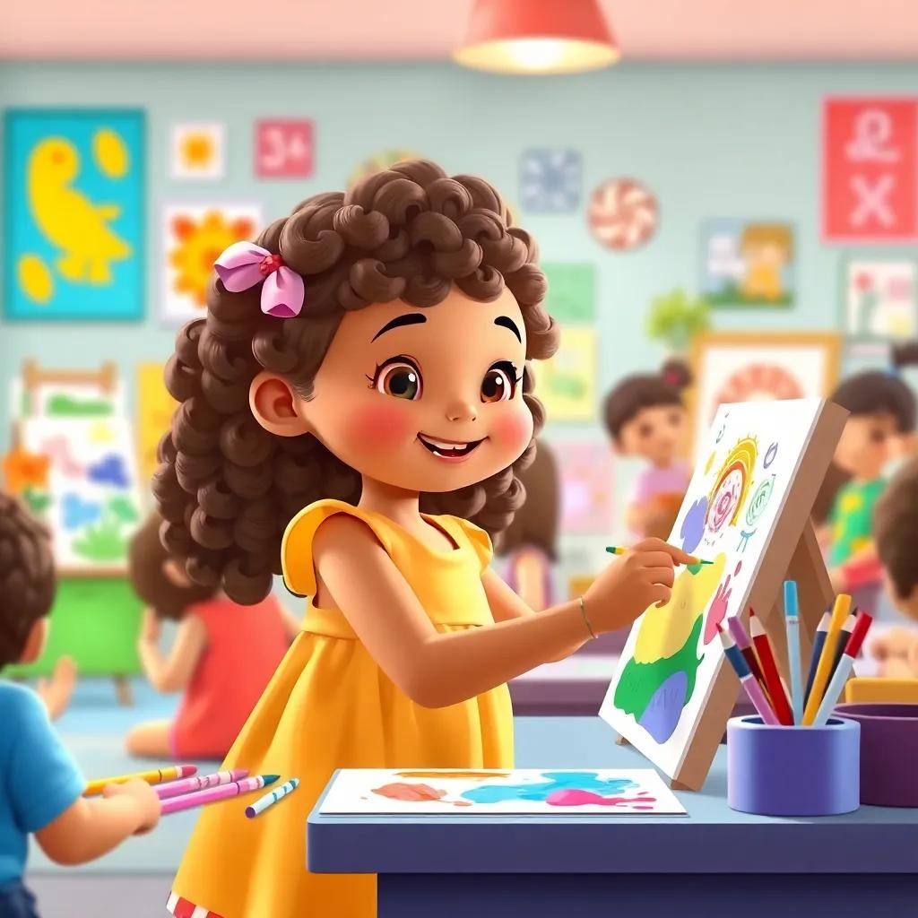 Loly, a young girl with curly brown hair in a bright dress, painting a colorful picture at her kindergarten, surrounded by other children and bright artwork, in a lively classroom, illustration, joyful, colorful, child-friendly