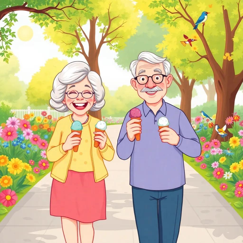 An elderly couple happily walking in a park while eating ice cream, colorful flowers and birds in the background, the sun shining down on them, cartoon style, vibrant colors, joyful scene, child-friendly
