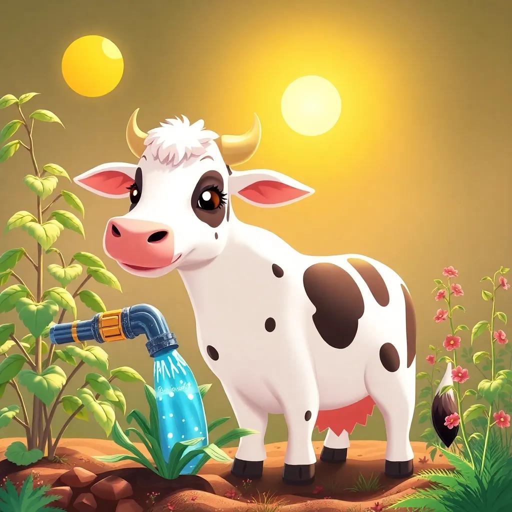 Clara la vaca, con manchas blancas y negras, regando plantas con una manguera de agua, sol brillando y vegetales marchitos cerca, ilustración alegre, cálida luz del sol, colorido, amigable