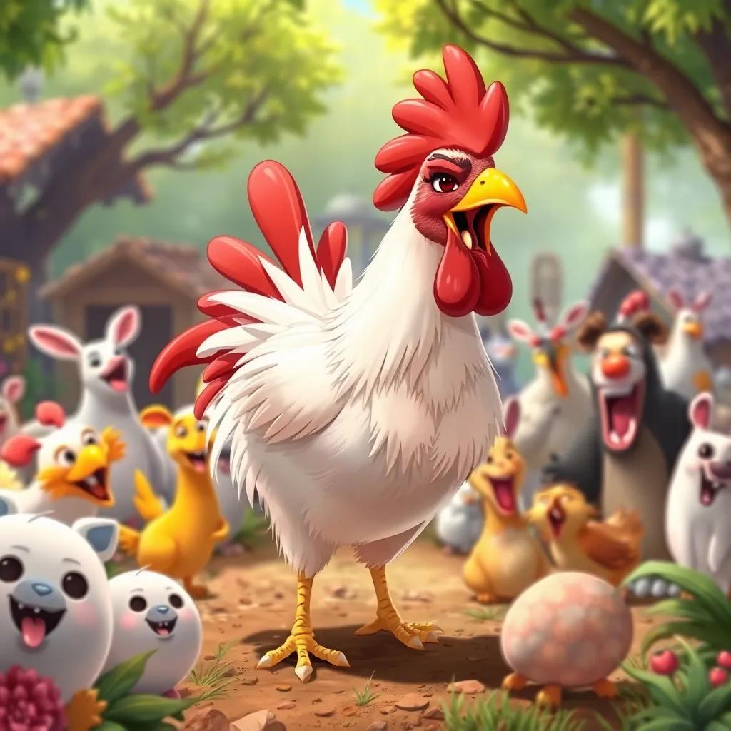 Un gallo llamado Tito, con plumas rojas y amarillas, gritando fuerte en la granja, rodeado de animales emocionados, granja vibrante y animada, ilustración caricaturesca, divertida, alegre