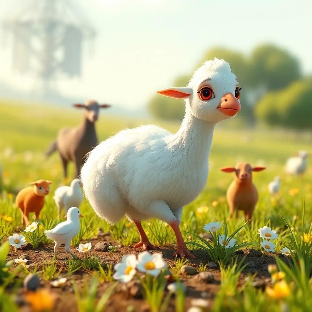 Una oveja llamada Lía, con lana blanca esponjosa, plantando semillas de flores en la tierra, rodeada de animales que ayudan, campo luminoso, alegre y vibrante