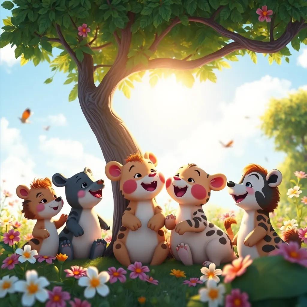 Animales cantando juntos, alrededor de un árbol, con el sol brillando y flores a su alrededor, Un ambiente feliz, colorido, amigable