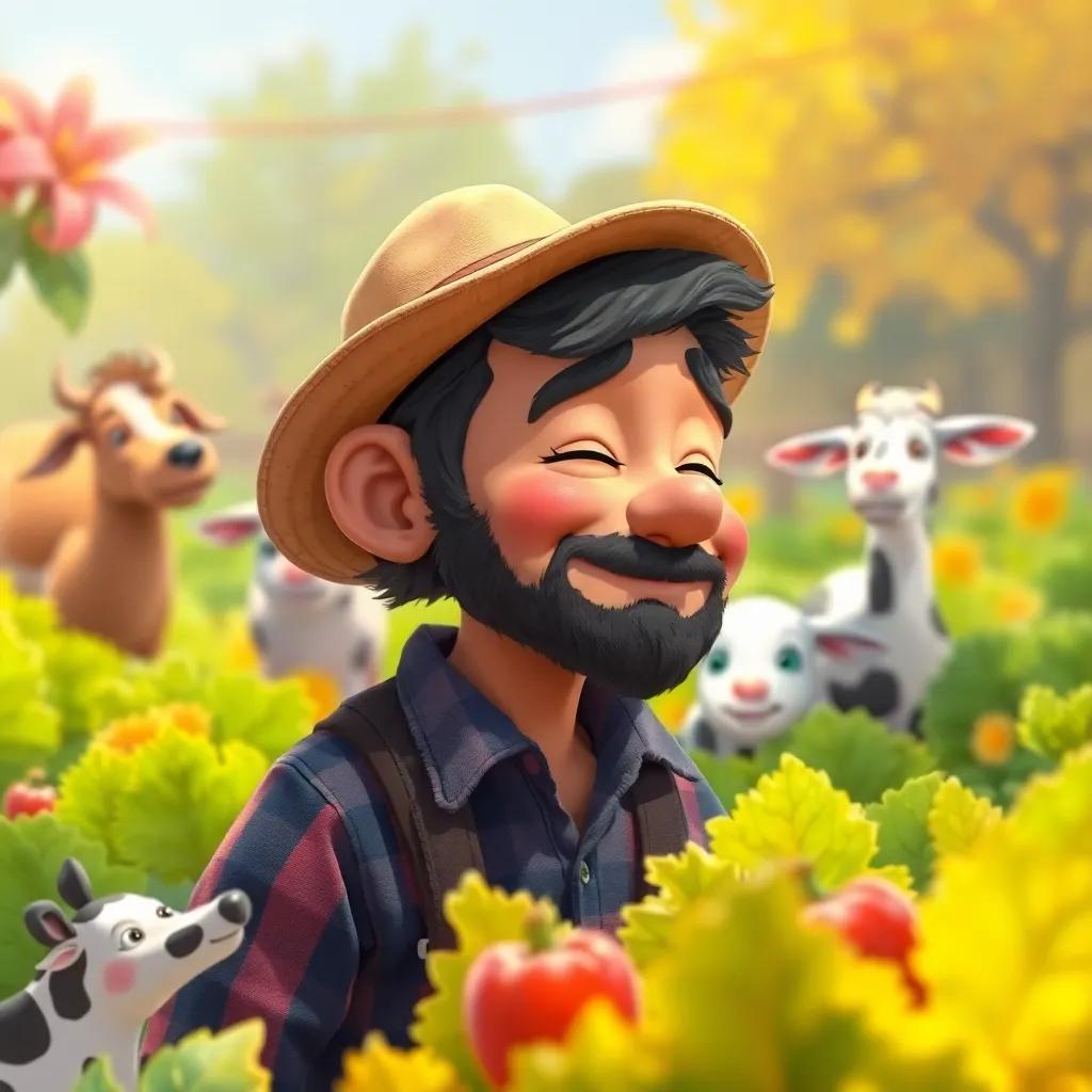 El granjero Pedro sonriendo, mirando sus verduras que crecen, con animales felices alrededor de él en una granja colorida, digital painting, cálido y acogedor