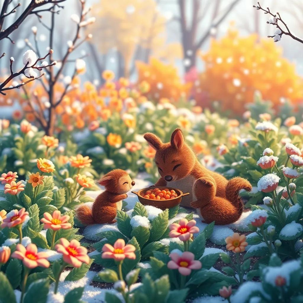 Una granja florecida en invierno, animales felices compartiendo comida, con colores vibrantes y nieve ligera sobre las plantas, ambiente cálido, ilustración amable, acogedora