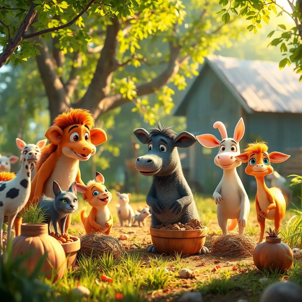 Los animales de la granja ayudándose, cada uno haciendo una tarea, en un ambiente alegre y colorido, digital art, lleno de luz y energía