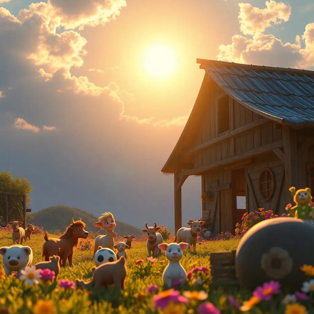 El sol brillando sobre la granja llena de vida y amor, con animales y el granjero Pedro sonriendo, un ambiente cálido y luminoso, alta calidad, vibrante