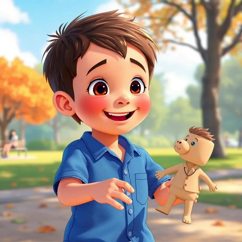 Luca, un niño, con cabello corto y camisa azul, en un día soleado, jugando en un parque con un muñeco de papel, feliz y emocionado, ilustración, colorido, alegre