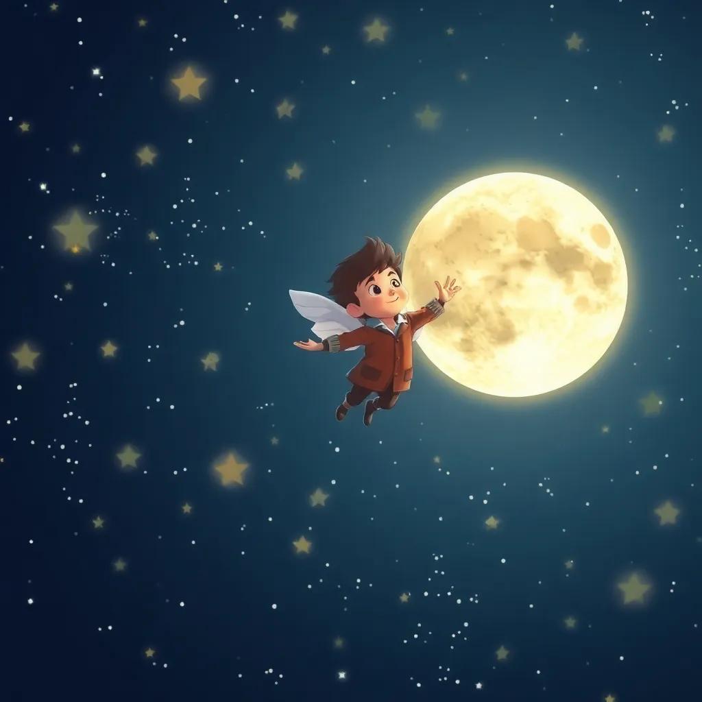 Luca y Papel, el muñequito de papel, volando hacia la luna en un cielo estrellado, con muchas estrellas brillantes, digital art, mágico, divertido