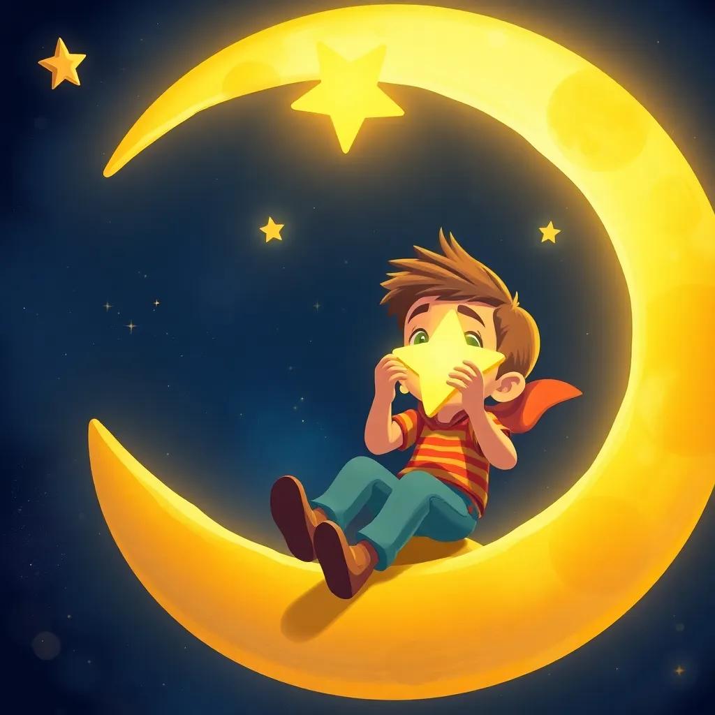 Luca y Papel en la luna, sonriendo y jugando con la estrella, haciendo carreras en el espacio, lleno de color y alegría, digital painting, feliz, emocionante
