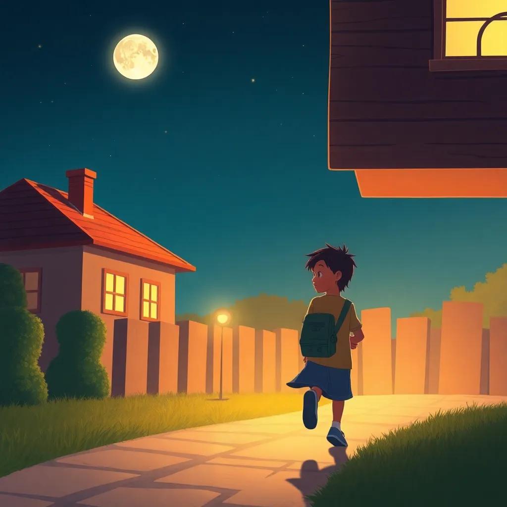 Luca y Papel regresando a casa, con la luna sonriendo detrás de ellos, llevando un brillo estelar, cálido, mágico, ilustración, conmovedor