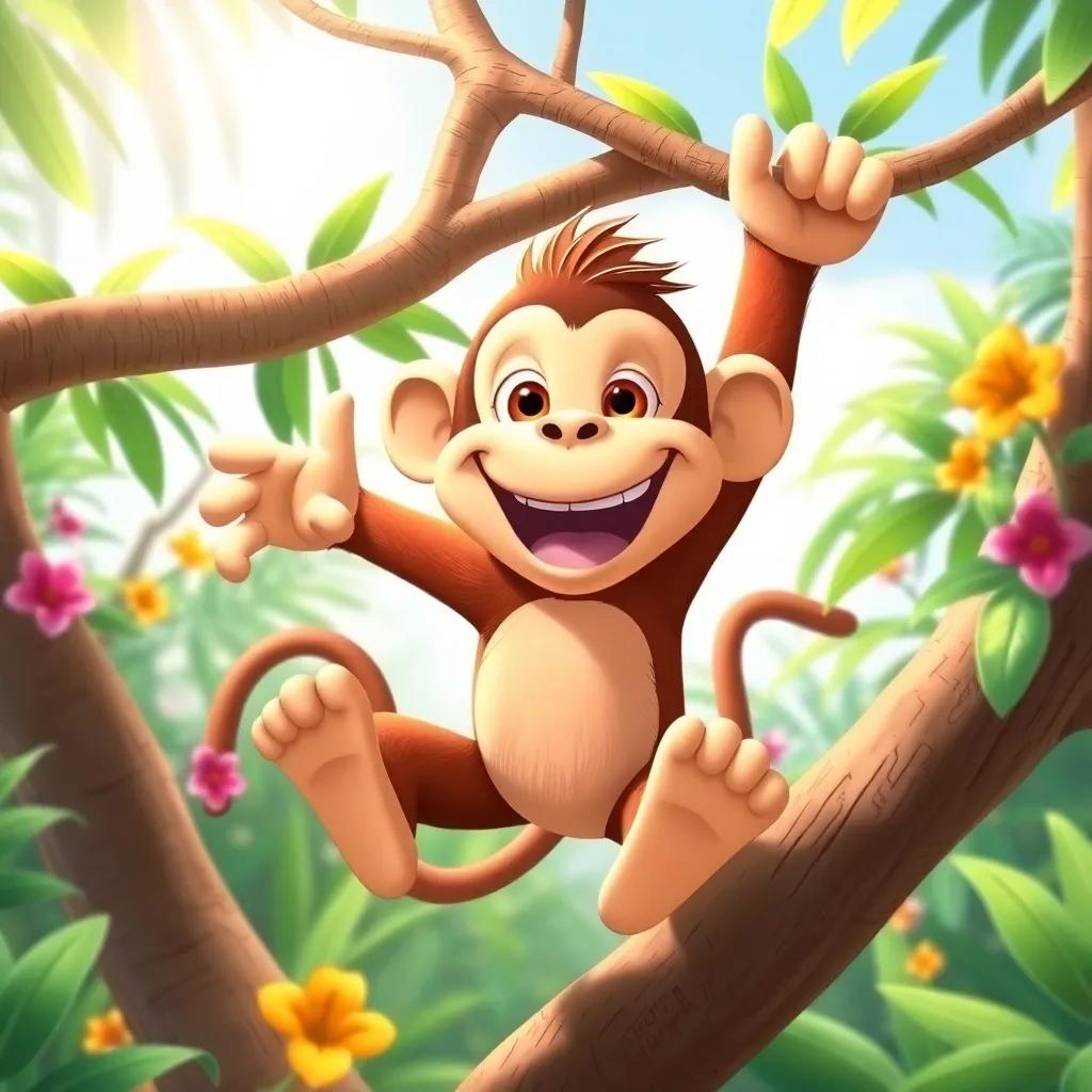 A cheerful monkey named Max, with a big smile, jumping from tree to tree in a sunny jungle, colorful flowers and green leaves around him, digital art, bright and vibrant, joyful atmosphere, high quality