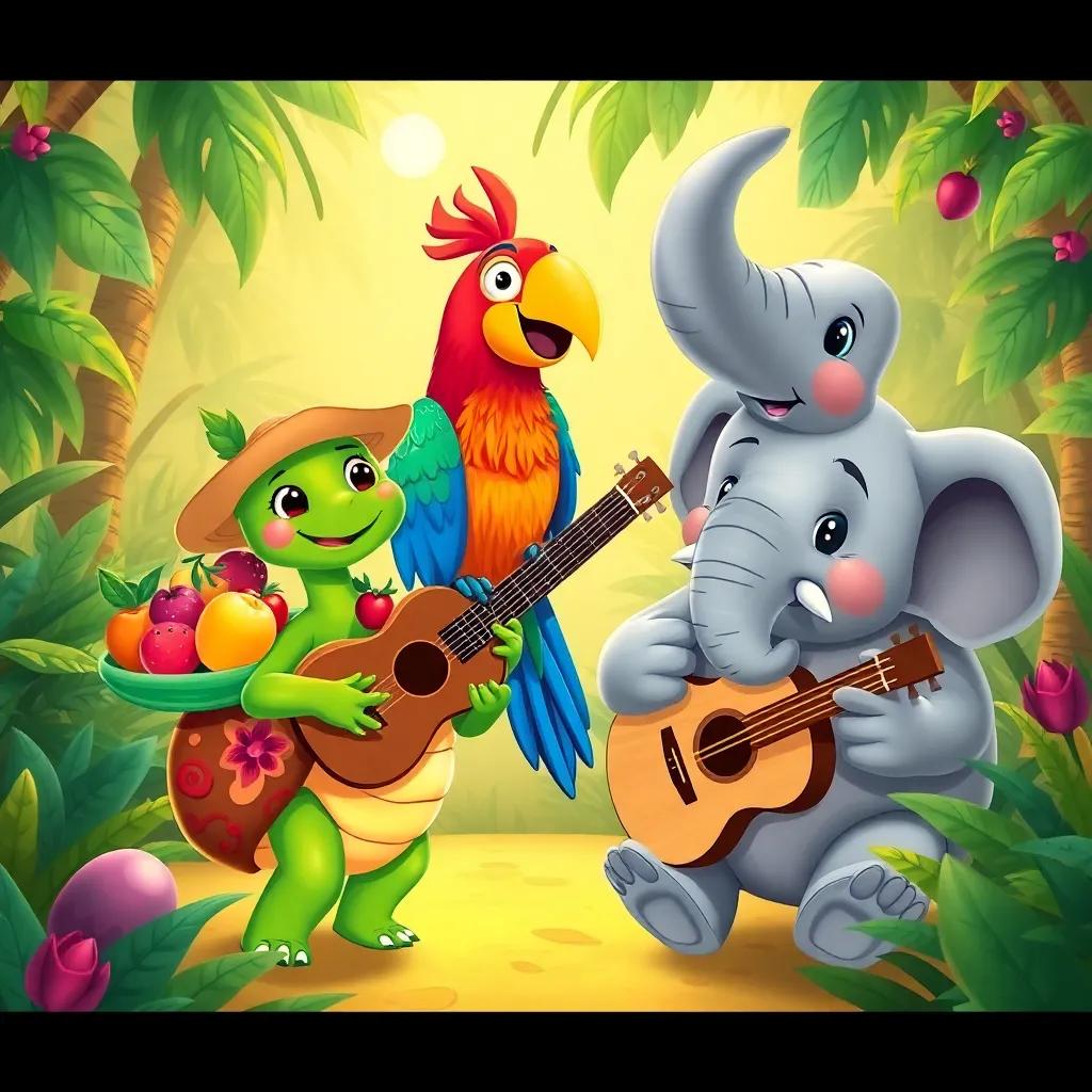 A turtle named Teresa carrying fresh fruits, a parrot named Pablo playing a guitar, and an elephant named Elio decorating with leaves in a lively jungle scene, illustration, cheerful, colorful, warm light, high quality