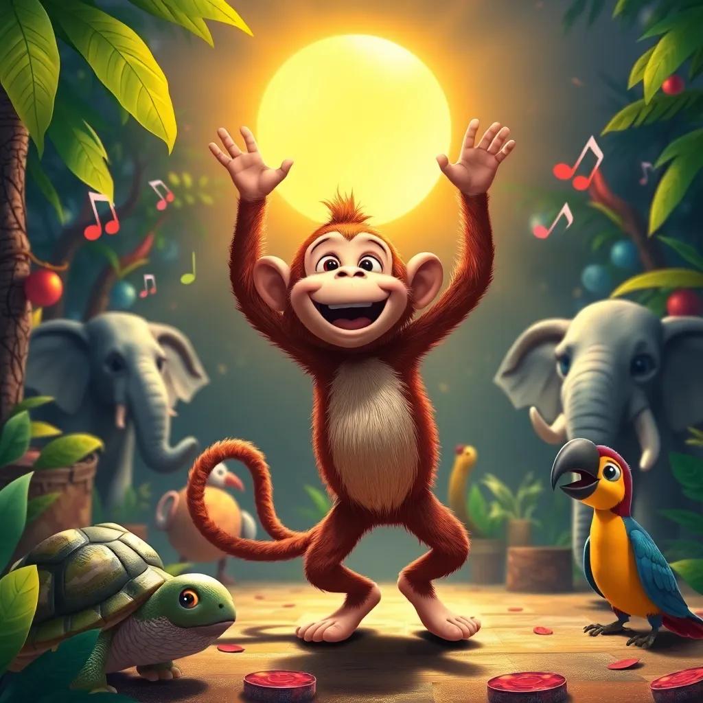 Max the monkey, dancing happily under the sun, surrounded by animals including a turtle, an elephant, and a parrot, with music notes floating around, in a festive jungle setting, digital painting, vibrant colors, exciting atmosphere, high quality