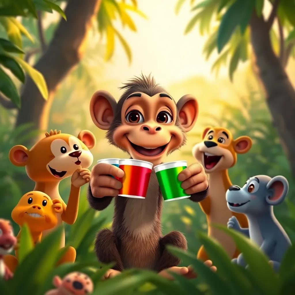 Max the monkey giving a toast with animals around, holding colorful cups, the jungle filled with joy and laughter, nature background, warm golden hour light, heartwarming moment, high quality