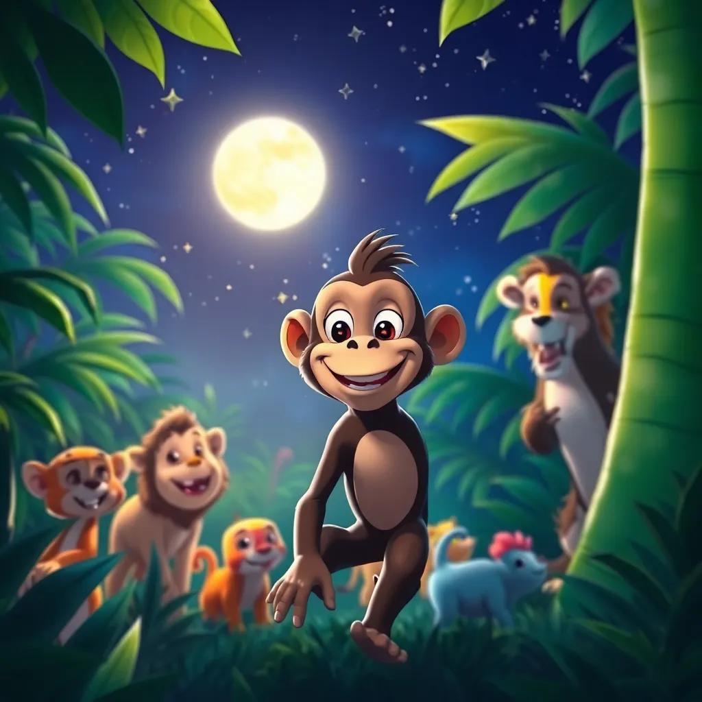 A starry night in the jungle, with happy animals leaving the party, Max the monkey smiling, surrounded by twinkling stars and a colorful moonlight glow, atmosphere of friendship and joy, digital art, serene and uplifting, high quality
