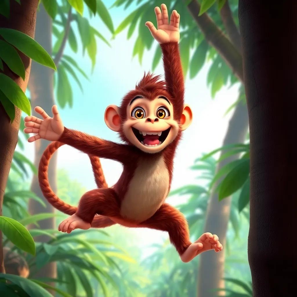 A joyful monkey named Tito, with shiny brown fur and sparkling eyes, jumping between the green trees of the jungle, excitedly shouting about a jungle party, vibrant digital art, bright colors, lively atmosphere, high quality
