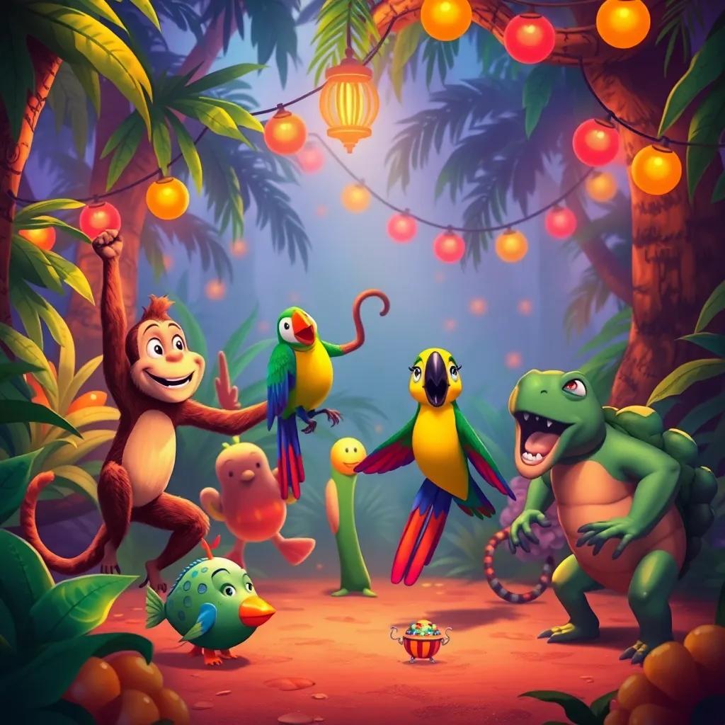 The jungle filled with animals dancing together, Tito the monkey, Lola the parrot, and other creatures like Carlitos the fish and Sergio the turtle all enjoying the vibrant celebration, detailed digital art, warm colors, festive atmosphere, high quality