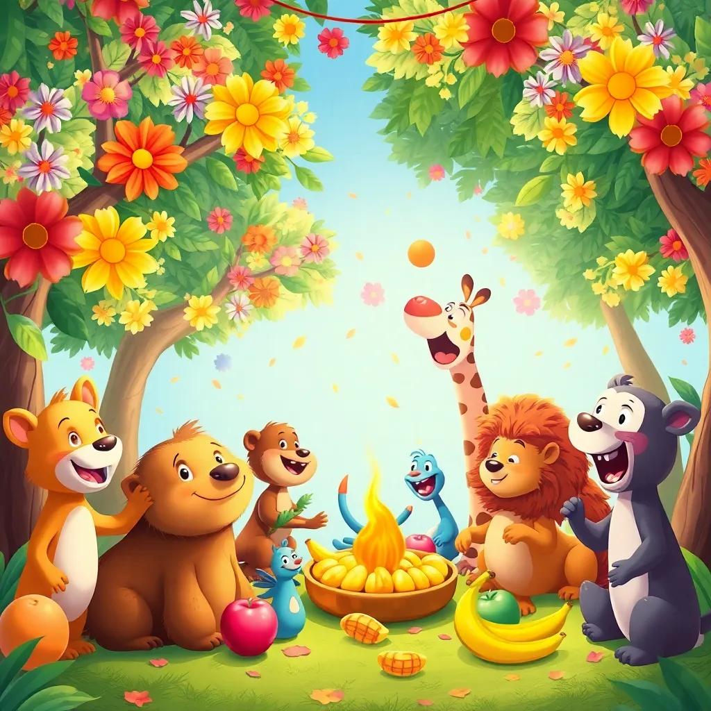 The party scene with trees decorated with colorful flowers, animals eating fresh fruits like mangoes and bananas, laughter and fun everywhere, bright light, colorful and joyful, child-friendly illustration