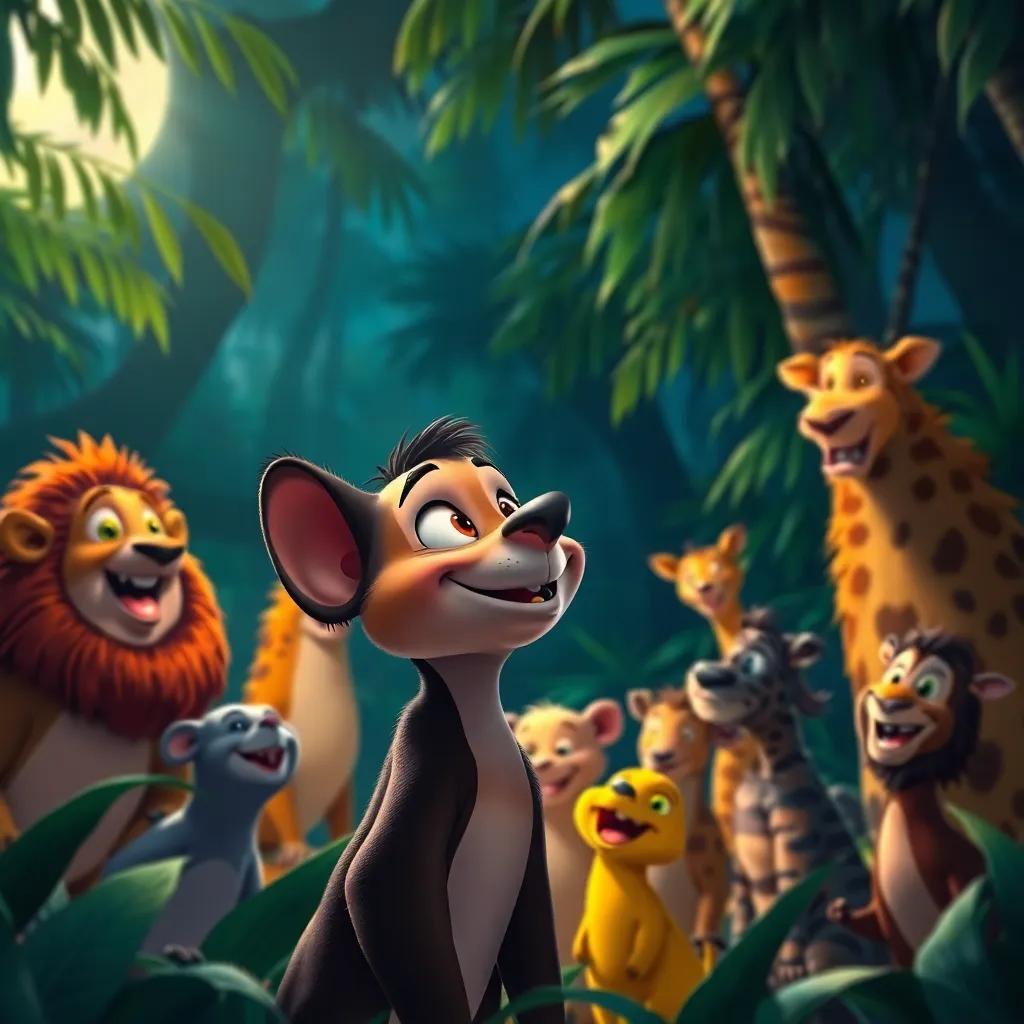 Tito looking at his friends with a big smile as the jungle glows under the moonlight, happy animals gathered together in unity, rich colors, heartwarming imagery, captivating scene