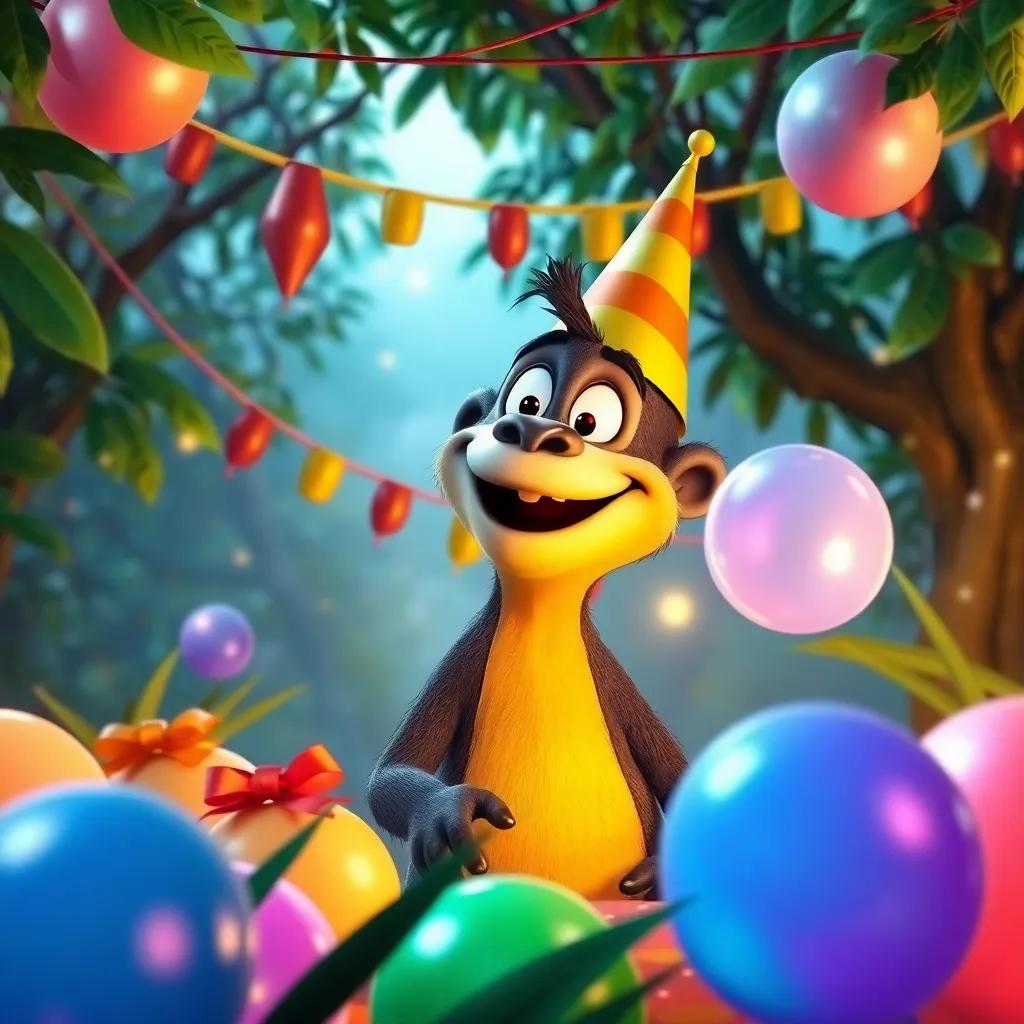 Un mono alegre llamado Tito, en la jungla, con una gran sonrisa, organizando una fiesta con globos y decoraciones, árboles verdes alrededor, arte digital, colores brillantes, ambiente festivo, alta calidad, estilo vibrante