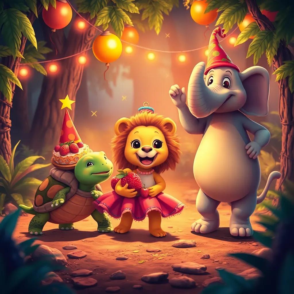 Animales de la selva llegando a la fiesta: una tortuga con galletas, un loro con frutas y un elefante moviendo su trompa, todos reunidos, arte digital, escena colorida y alegre, luz brillante, calidad alta