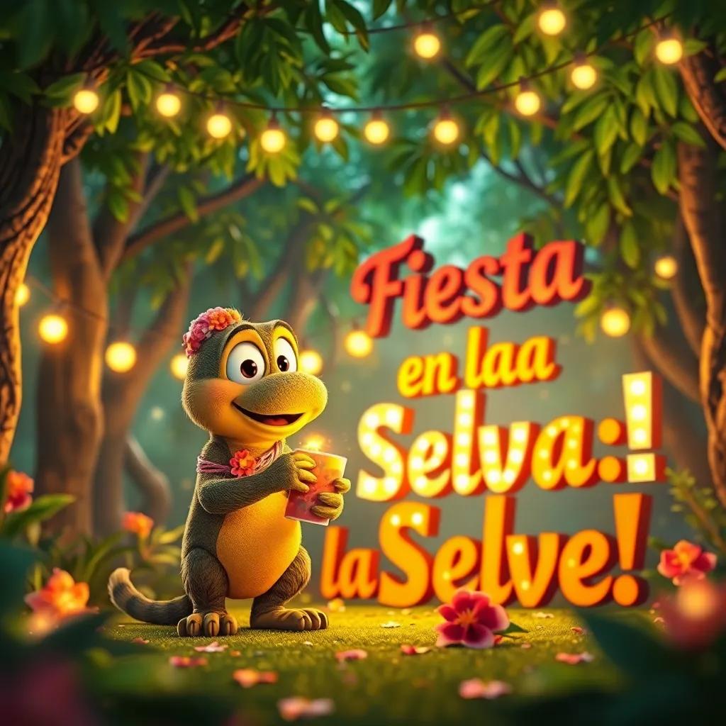 Tito decorando la fiesta con flores brillantes y un gran letrero que dice '¡Fiesta en la Selva!', árboles verdes y luces brillantes, ambiente festivo, arte digital, colores cálidos, perspectiva alegre, alta calidad