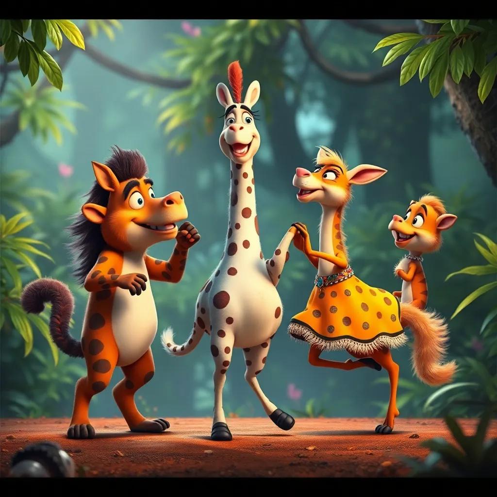 Los amigos animales jugando al escondite y bailando, una jirafa elegante mostrando movimientos de baile, con sonrisas y risas por toda la selva, arte digital, escena vibrante, calidad alta, colores llamativos